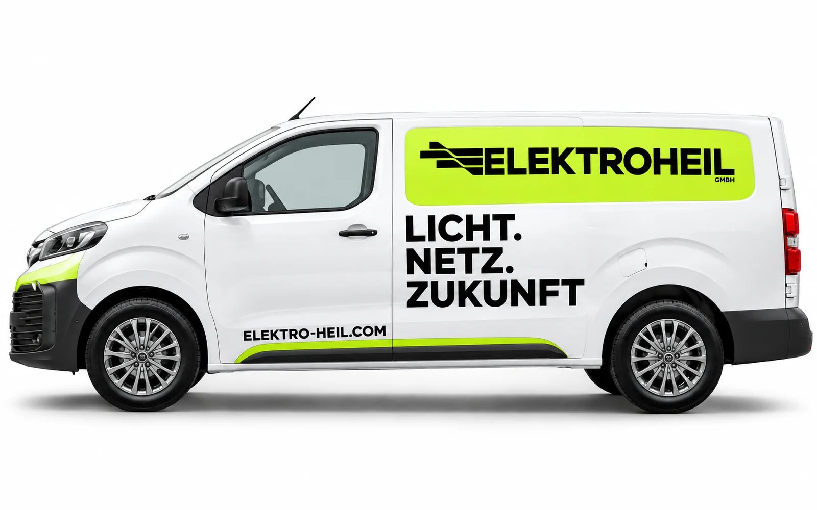 Transporter von Elektro Heil mit Folierung in Weiß, Neongelb und Schwarz