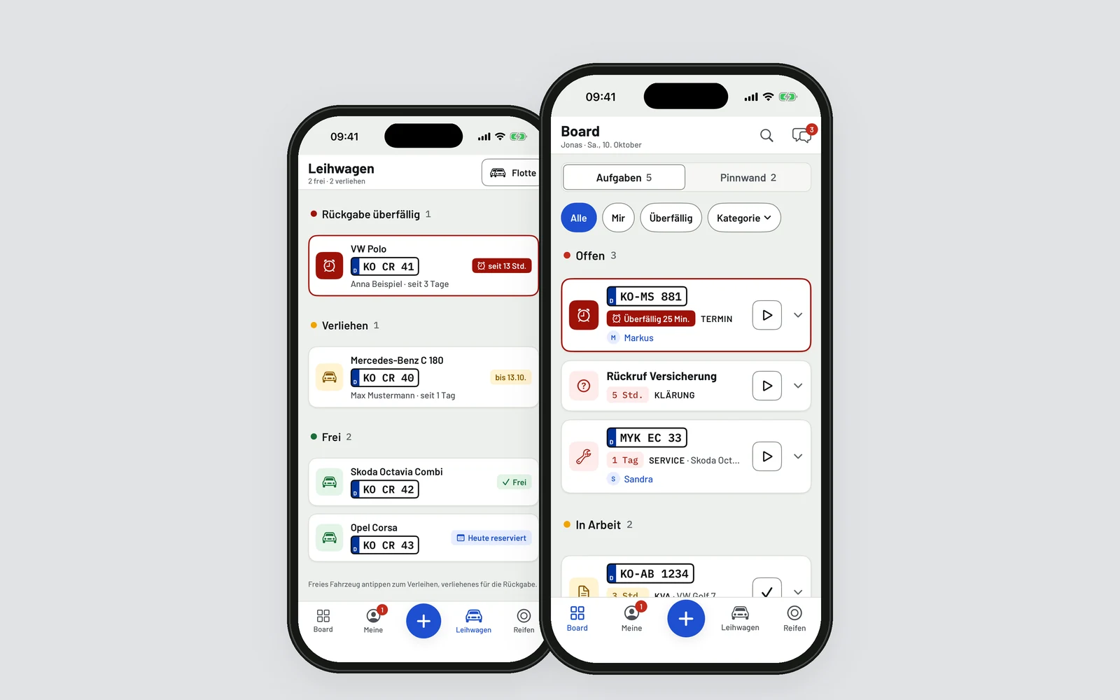 Werkstatt-App auf zwei Smartphones: Leihwagen-Übersicht und Aufgaben-Board
